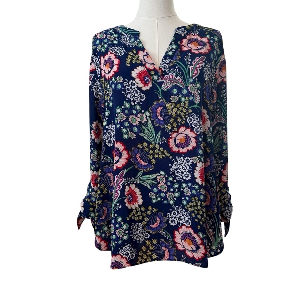 3/$18✨Women's X-Large Blue Floral Colorful Tie-Sleeve Work Casual Soft Blouse